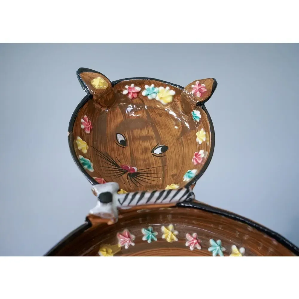 VTG 60s Elbee Italy Ceramic Cat Kitten Flower Tray Bowl Atomic Cottagecore
